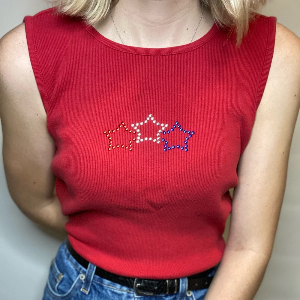 Red patriotic tank with bedazzled stars